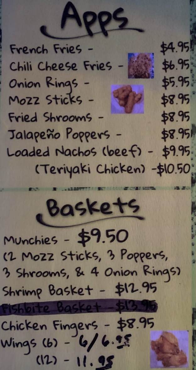 Page 1 of menu, Mudbugs Pub Gulf Shores, AL